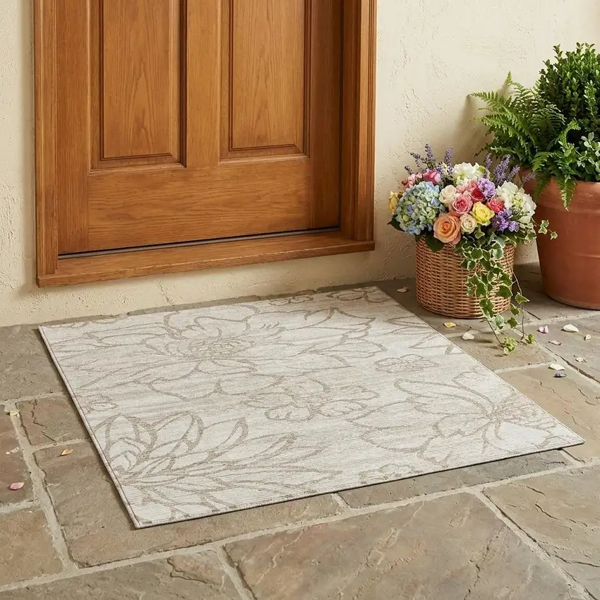 Ivory And Silver Floral Washable Indoor Outdoor Area Rug Photo 1