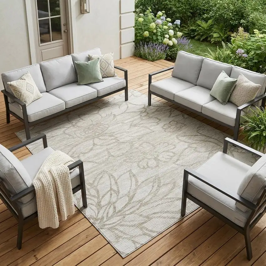 Ivory And Silver Floral Washable Indoor Outdoor Area Rug Photo 1