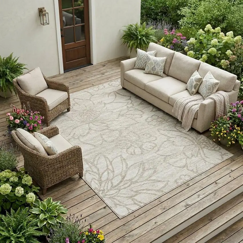 Ivory And Silver Floral Washable Indoor Outdoor Area Rug Photo 1