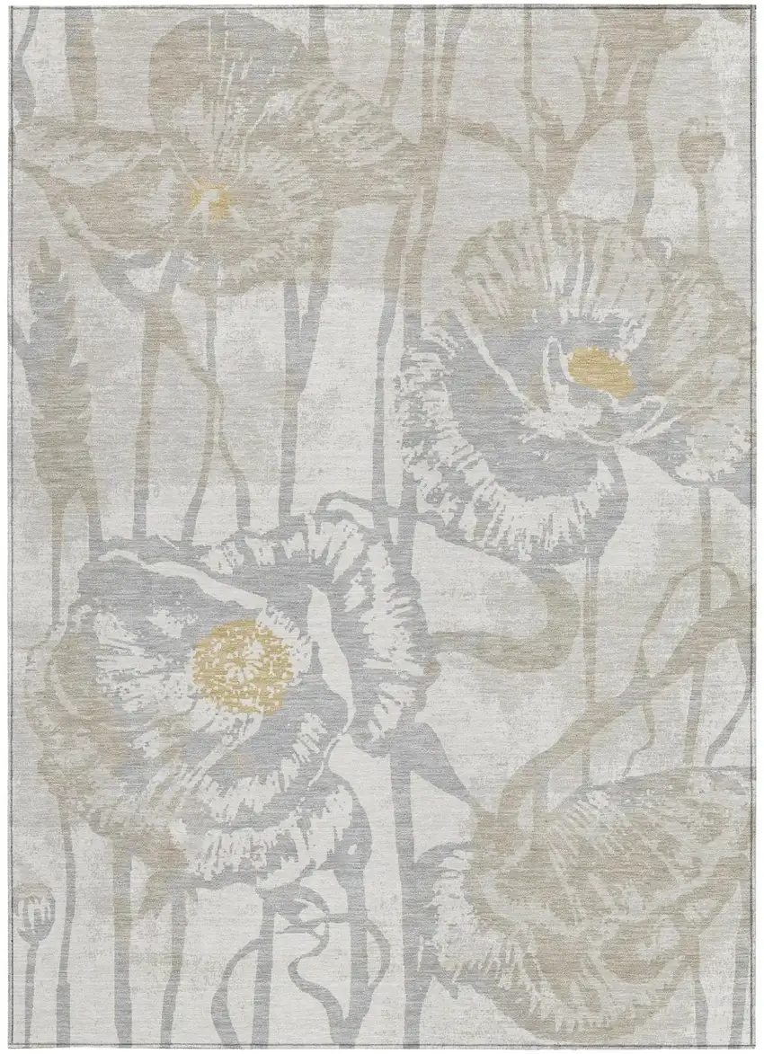 Ivory And Silver Floral Washable Indoor Outdoor Area Rug Photo 3