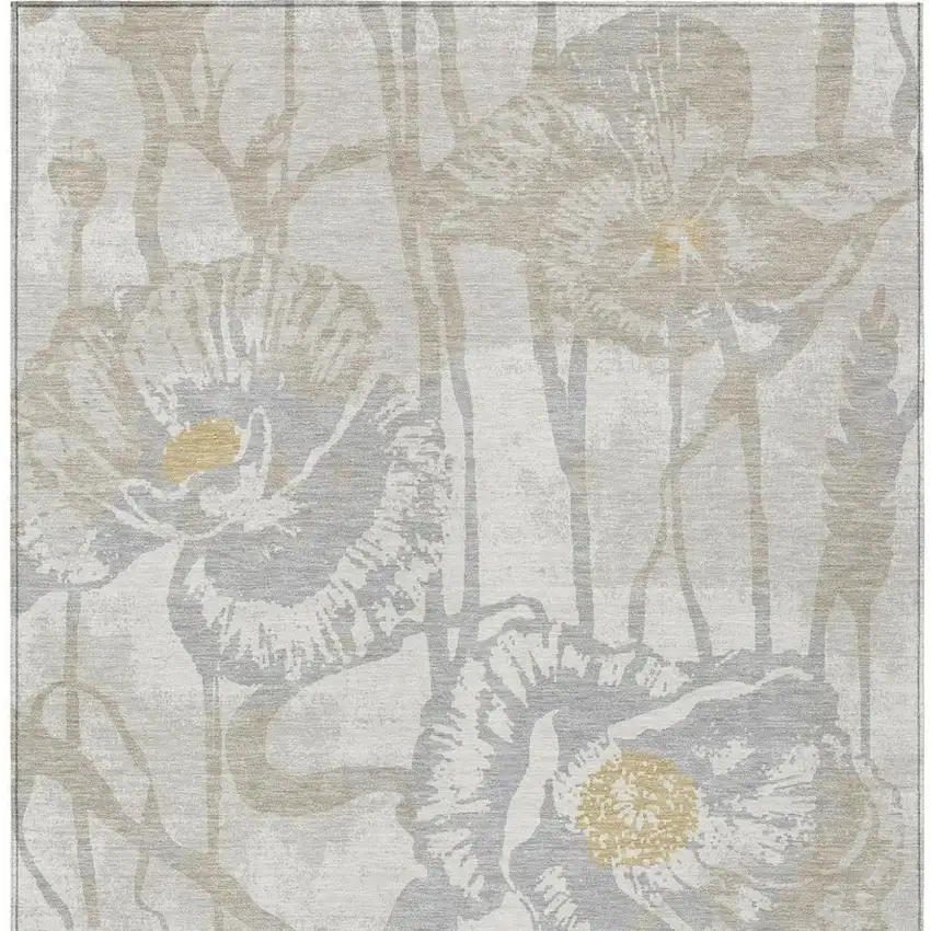 Ivory And Silver Floral Washable Indoor Outdoor Area Rug Photo 1