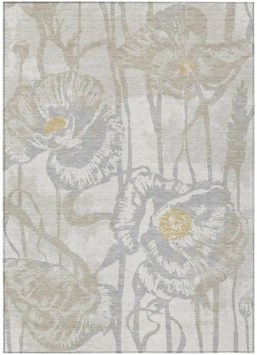 Ivory And Silver Floral Washable Indoor Outdoor Area Rug Photo 2