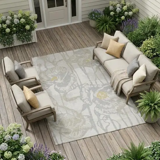 Ivory And Silver Floral Washable Indoor Outdoor Area Rug Photo 1