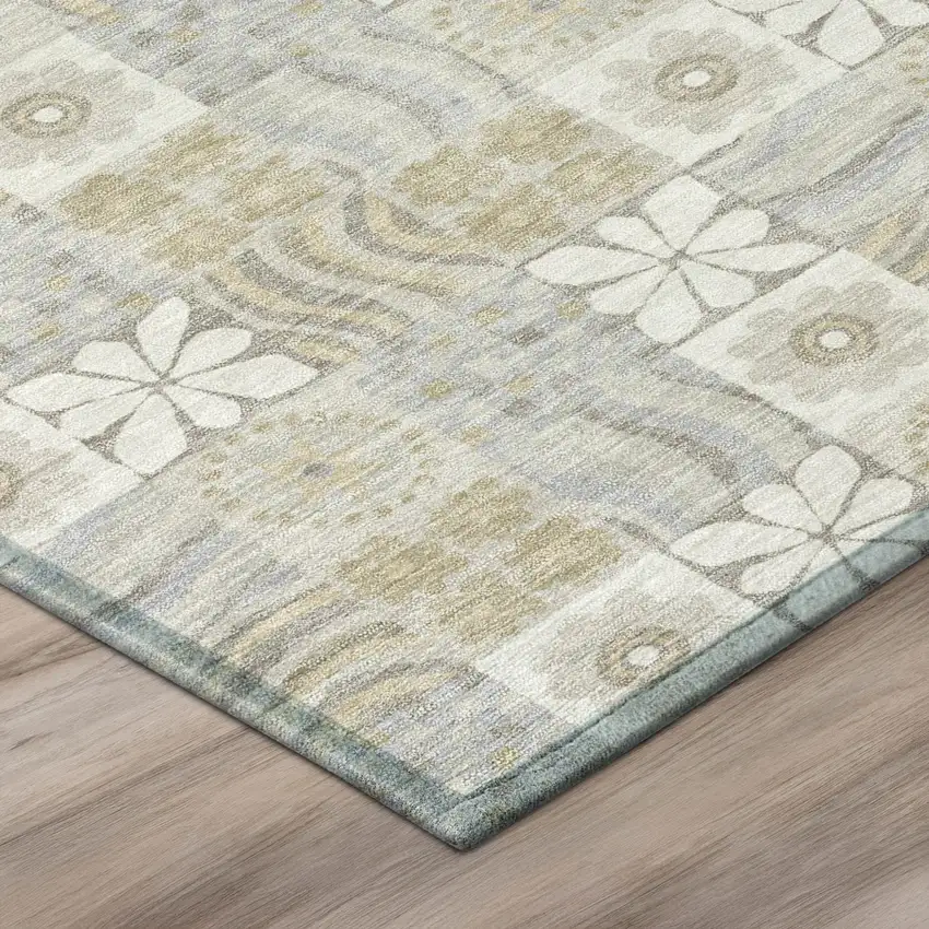 Ivory And Silver Floral Washable Indoor Outdoor Area Rug Photo 4