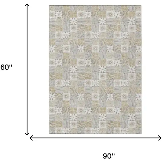 Ivory And Silver Floral Washable Indoor Outdoor Area Rug Photo 6