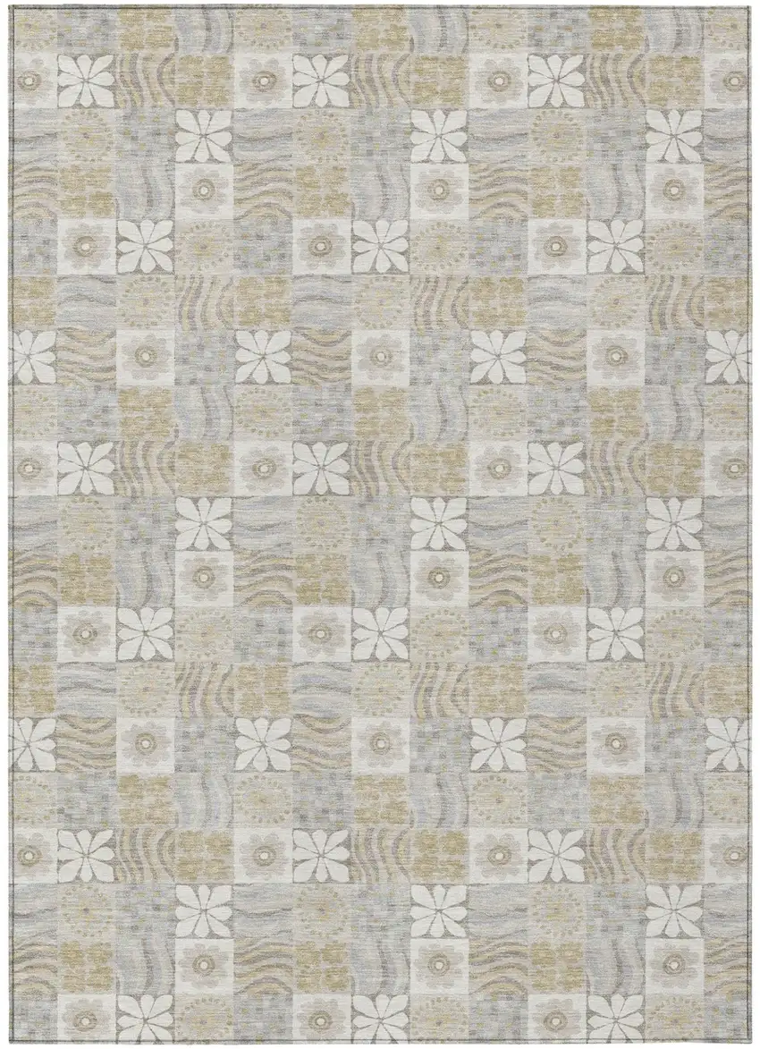 Ivory And Silver Floral Washable Indoor Outdoor Area Rug Photo 1