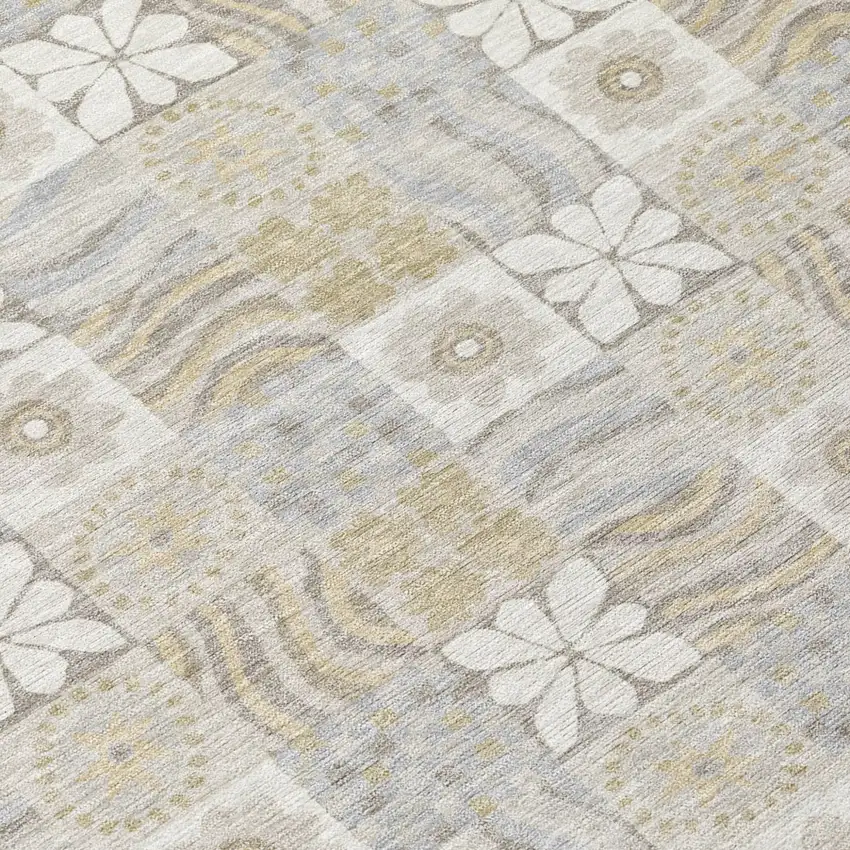 Ivory And Silver Floral Washable Indoor Outdoor Area Rug Photo 5