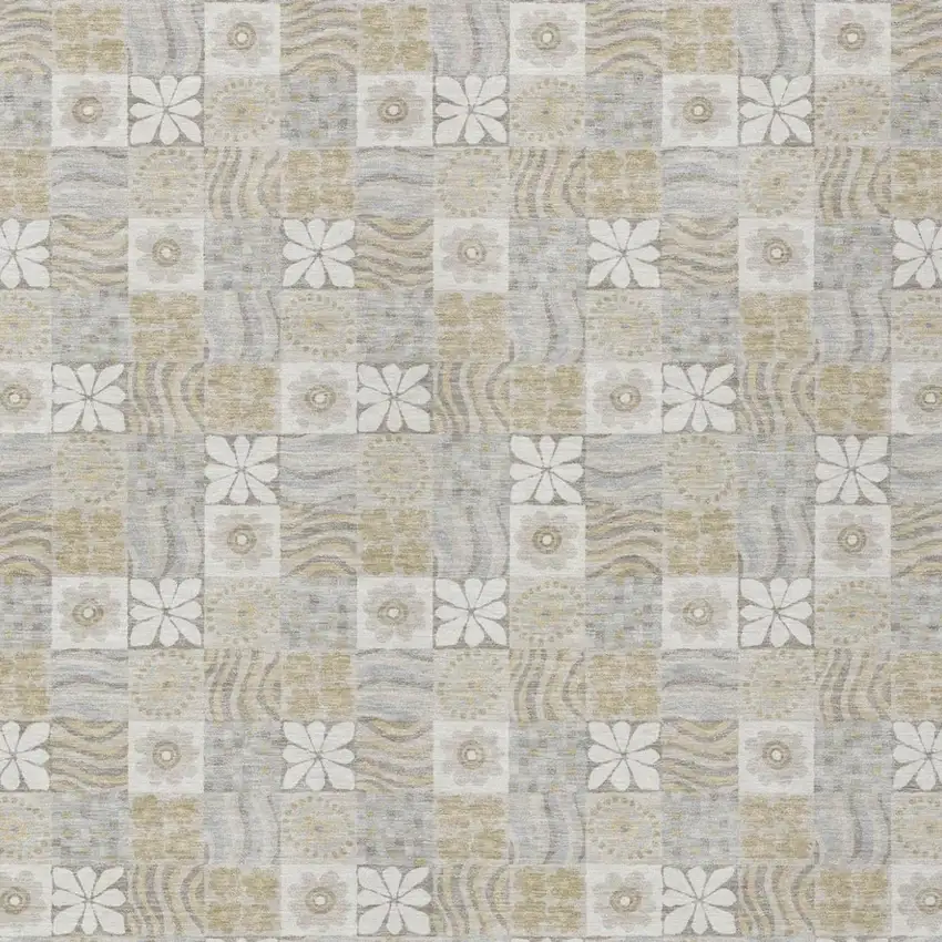 Ivory And Silver Floral Washable Indoor Outdoor Area Rug Photo 3