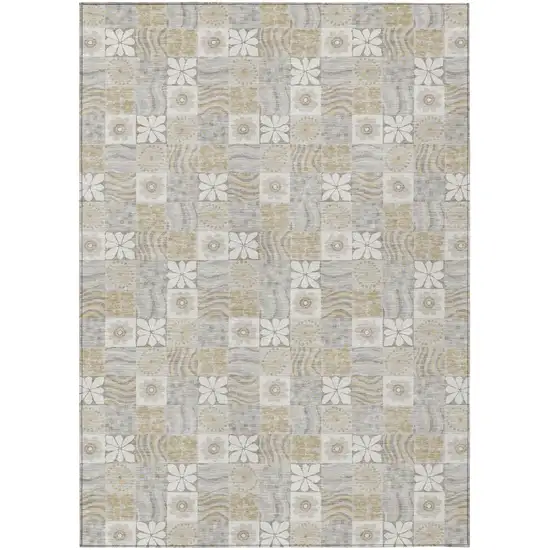 Ivory And Silver Floral Washable Indoor Outdoor Area Rug Photo 1