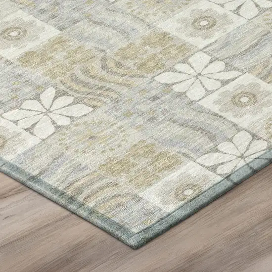 Ivory And Silver Floral Washable Indoor Outdoor Area Rug Photo 4