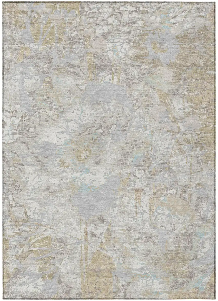Ivory And Silver Floral Washable Indoor Outdoor Area Rug Photo 1