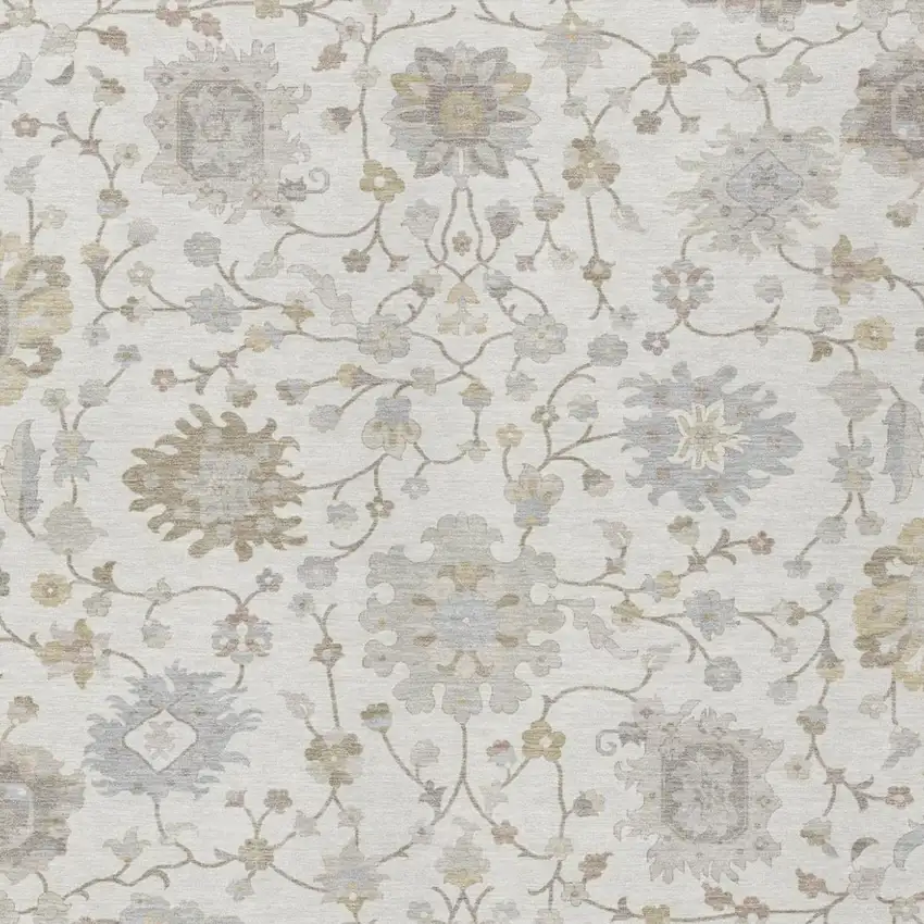 Ivory And Silver Floral Washable Indoor Outdoor Area Rug Photo 1