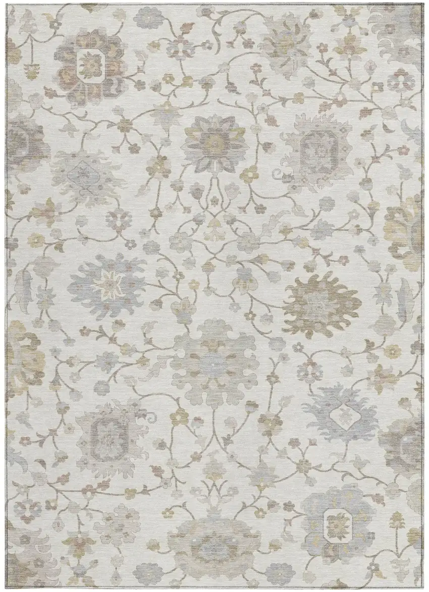 Ivory And Silver Floral Washable Indoor Outdoor Area Rug Photo 3