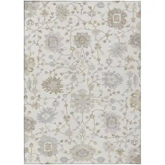 Ivory And Silver Floral Washable Indoor Outdoor Area Rug Photo 1