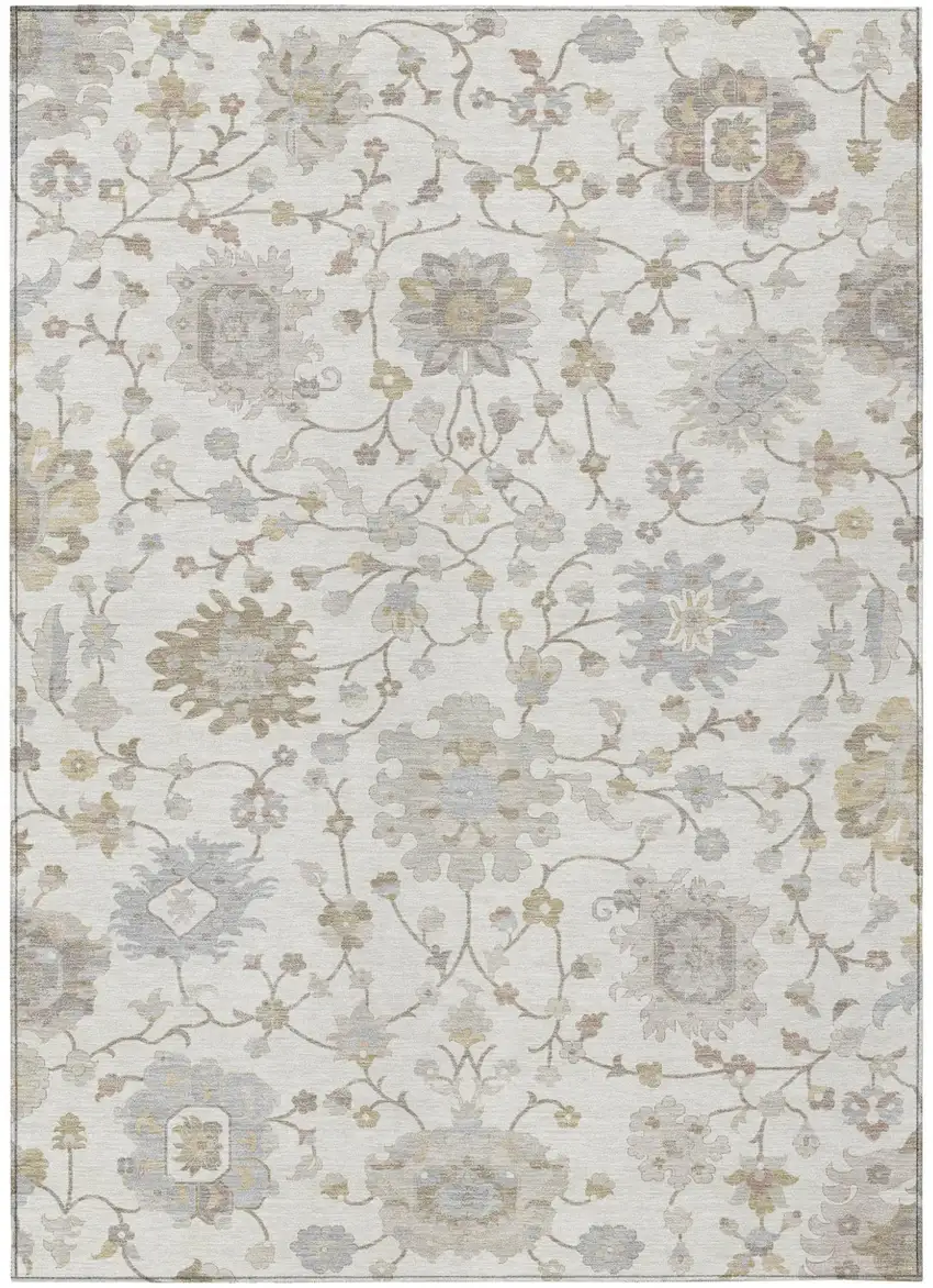 Ivory And Silver Floral Washable Indoor Outdoor Area Rug Photo 1