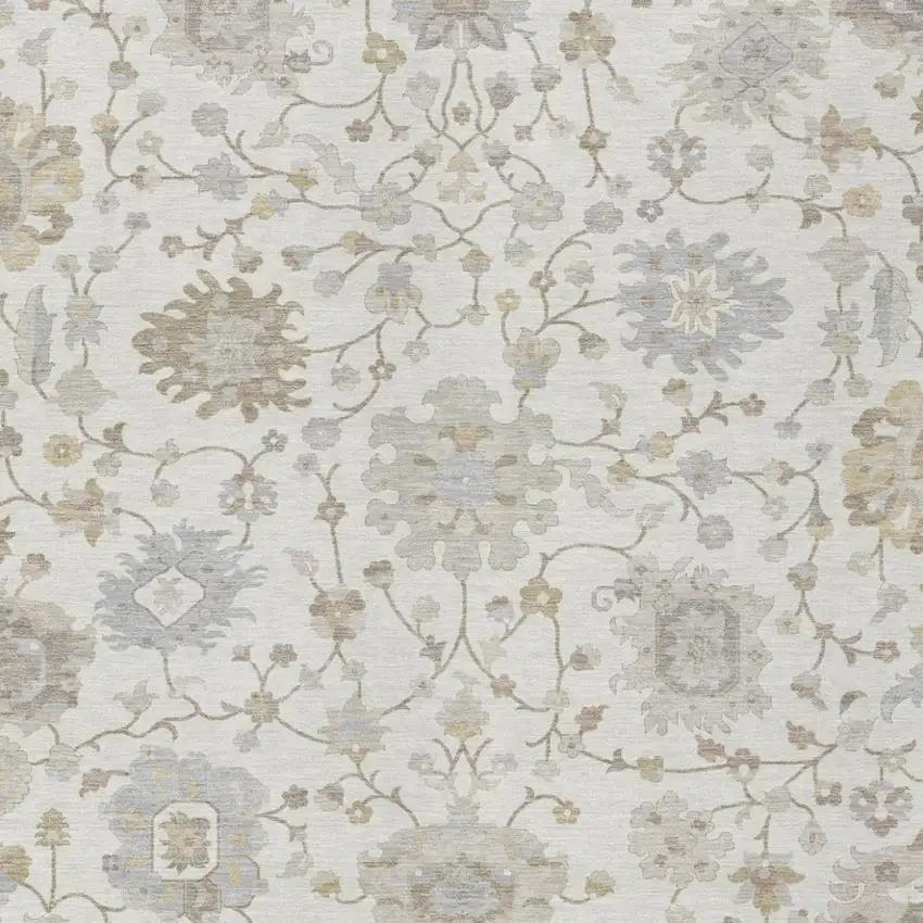 Ivory And Silver Floral Washable Indoor Outdoor Area Rug Photo 2