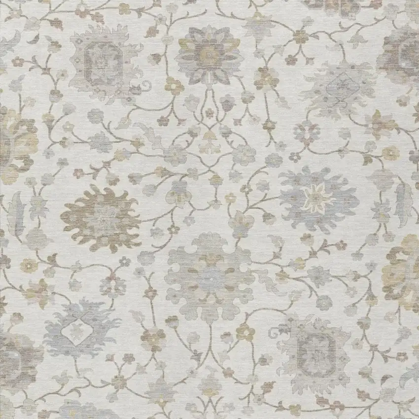 Ivory And Silver Floral Washable Indoor Outdoor Area Rug Photo 3