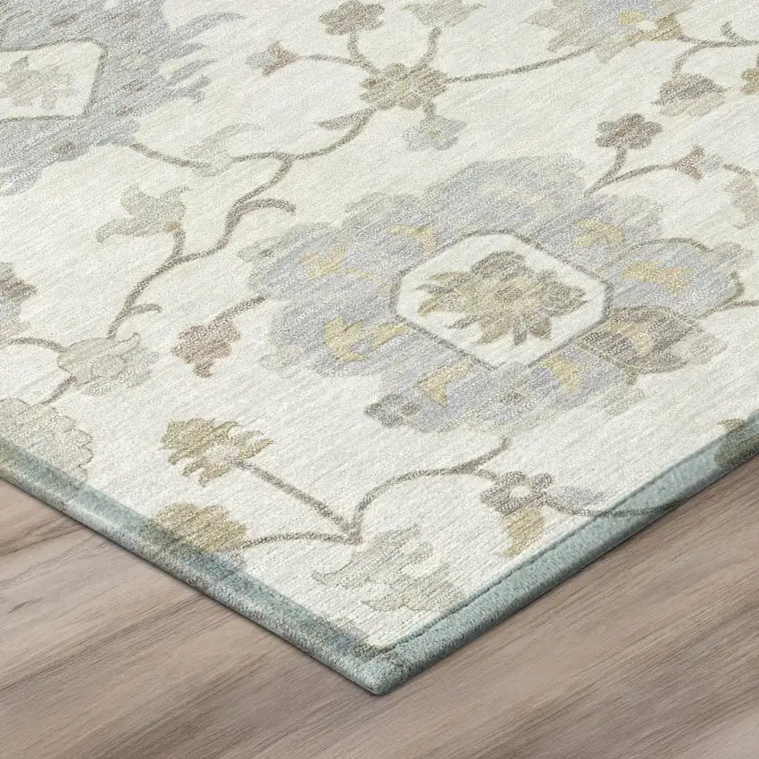 Ivory And Silver Floral Washable Indoor Outdoor Area Rug Photo 4