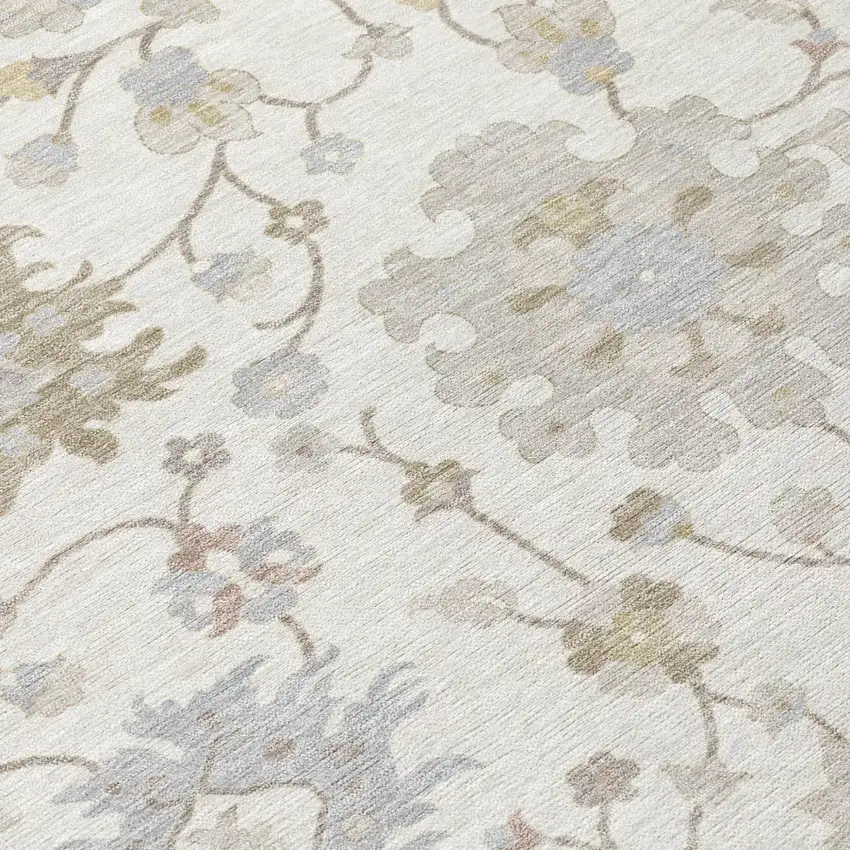 Ivory And Silver Floral Washable Indoor Outdoor Area Rug Photo 5