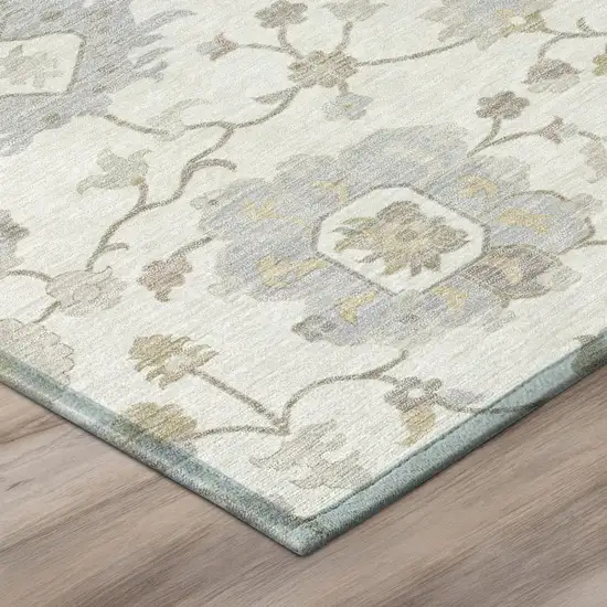 Ivory And Silver Floral Washable Indoor Outdoor Area Rug Photo 4