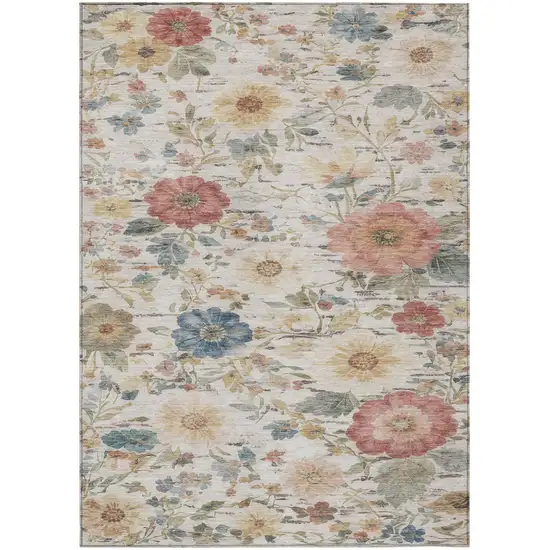 Ivory And Silver Floral Washable Indoor Outdoor Area Rug Photo 1