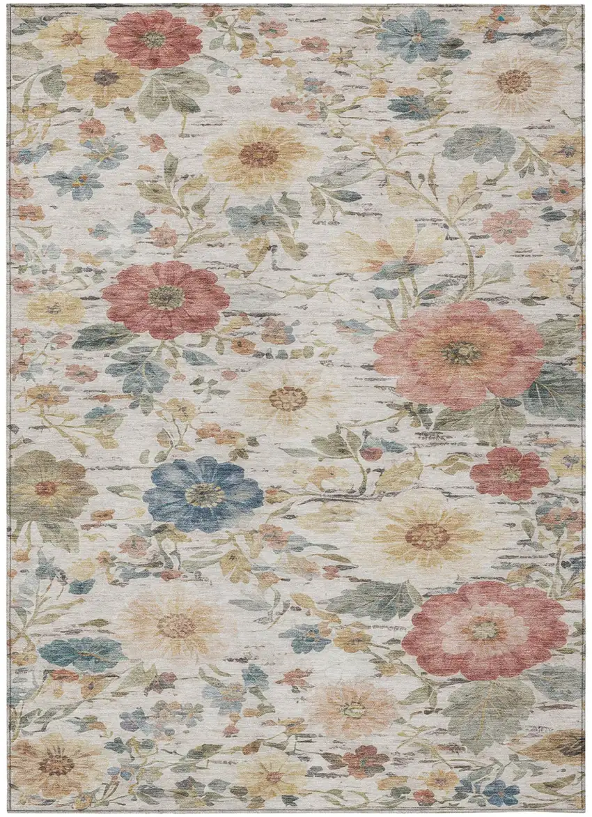 Ivory And Silver Floral Washable Indoor Outdoor Area Rug Photo 1