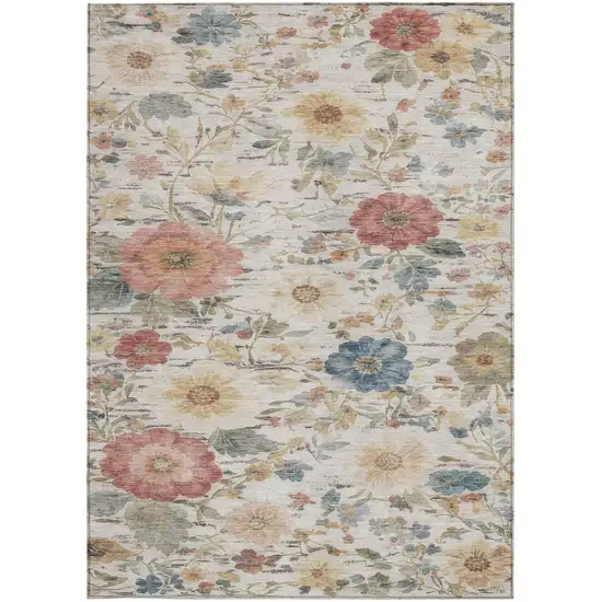 Ivory And Silver Floral Washable Indoor Outdoor Area Rug Photo 3