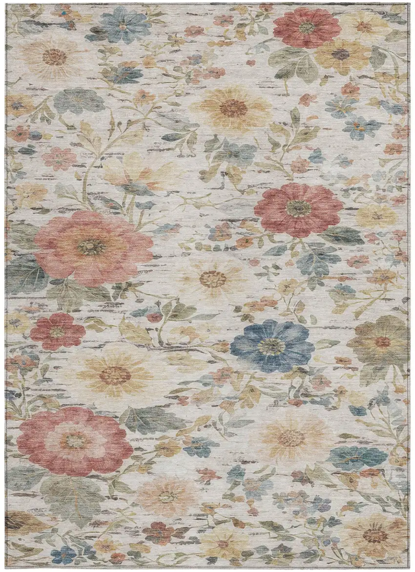 Ivory And Silver Floral Washable Indoor Outdoor Area Rug Photo 3