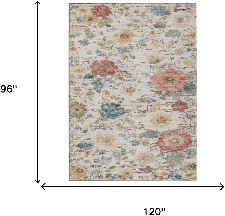 Ivory And Silver Floral Washable Indoor Outdoor Area Rug Photo 6