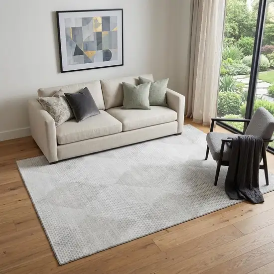 Ivory And Silver Geometric Washable Area Rug With UV Protection Photo 1