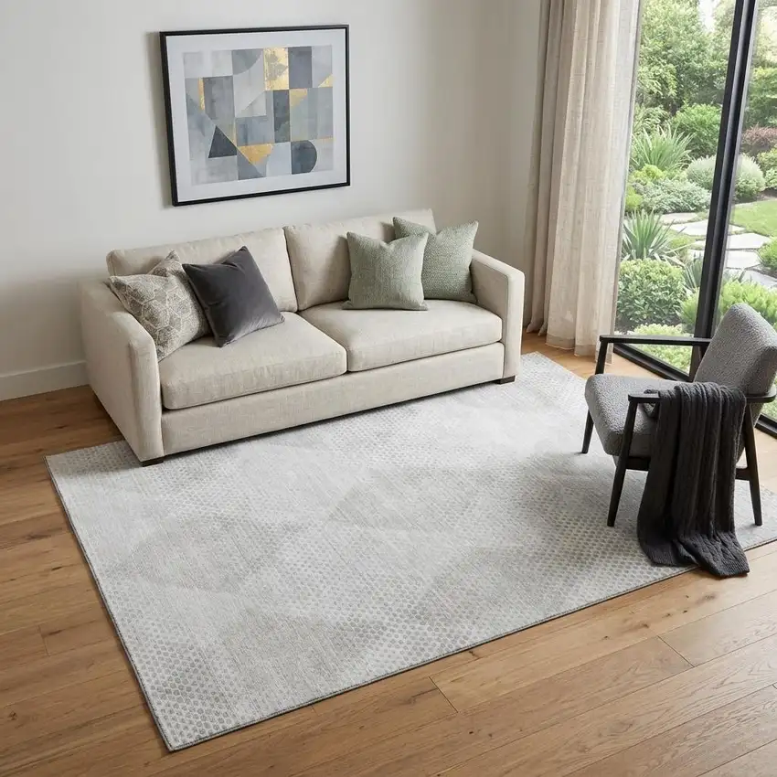 Ivory And Silver Geometric Washable Area Rug With UV Protection Photo 1