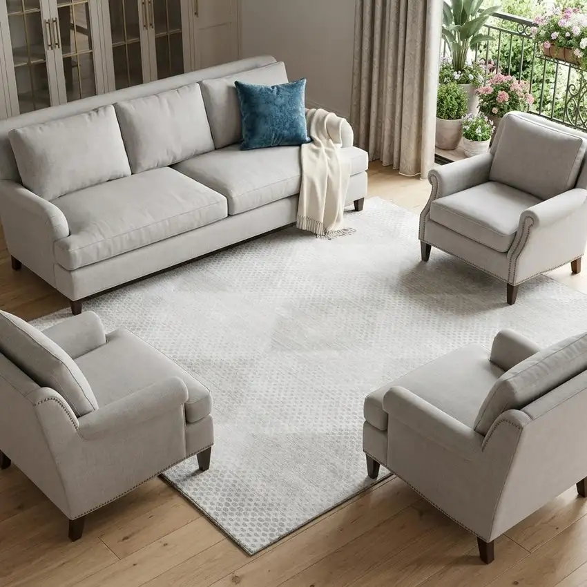 Ivory And Silver Geometric Washable Area Rug With UV Protection Photo 1