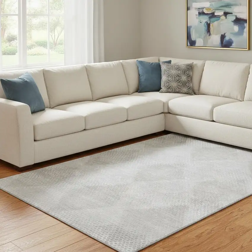 Ivory And Silver Geometric Washable Area Rug With UV Protection Photo 1