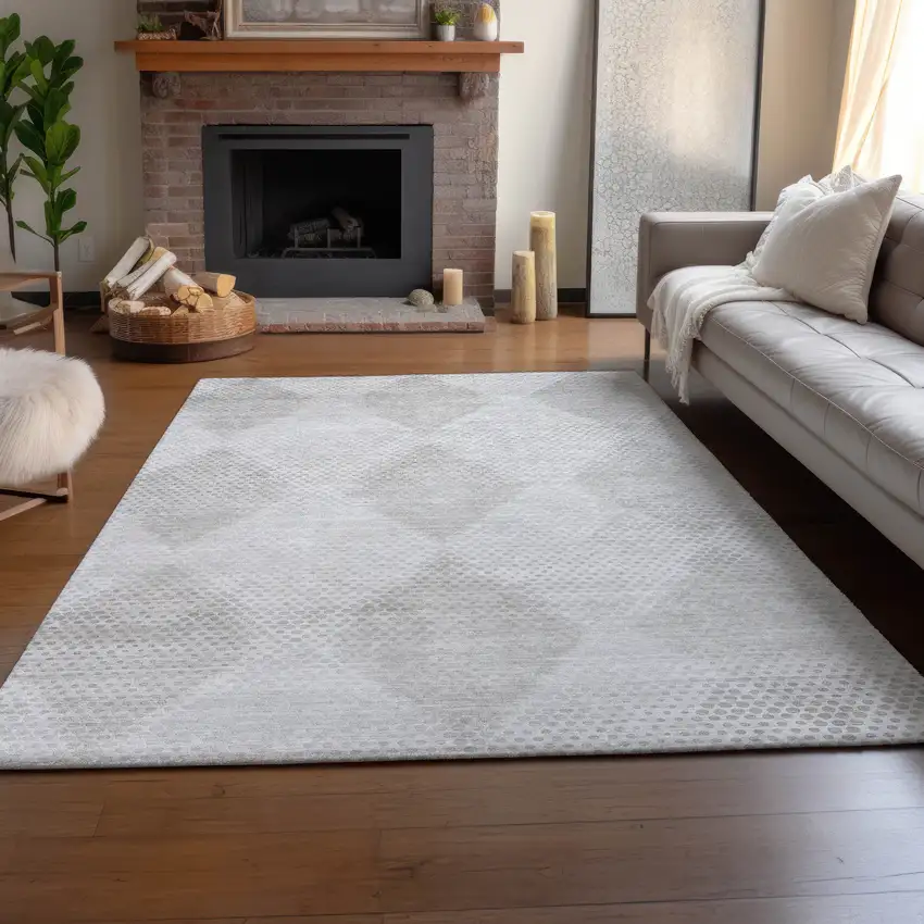 Ivory And Silver Geometric Washable Area Rug With UV Protection Photo 6