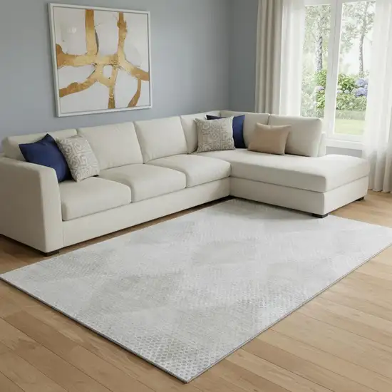 Ivory And Silver Geometric Washable Area Rug With UV Protection Photo 1