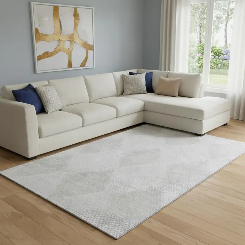 Ivory And Silver Geometric Washable Area Rug With UV Protection Photo 1