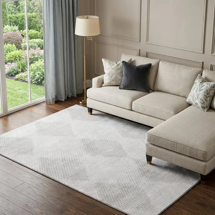 Ivory And Silver Geometric Washable Area Rug With UV Protection Photo 1