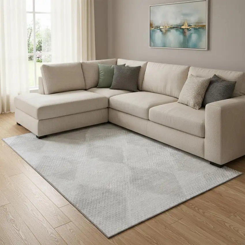 Ivory And Silver Geometric Washable Area Rug With UV Protection Photo 1