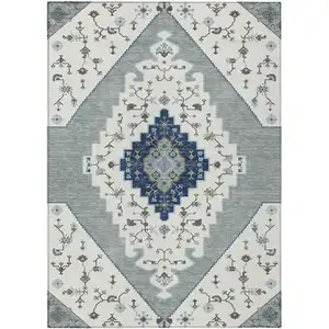 Photo of Ivory And Silver Geometric Washable Indoor Outdoor Area Rug