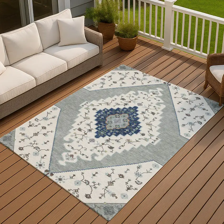 Ivory And Silver Geometric Washable Indoor Outdoor Area Rug Photo 7