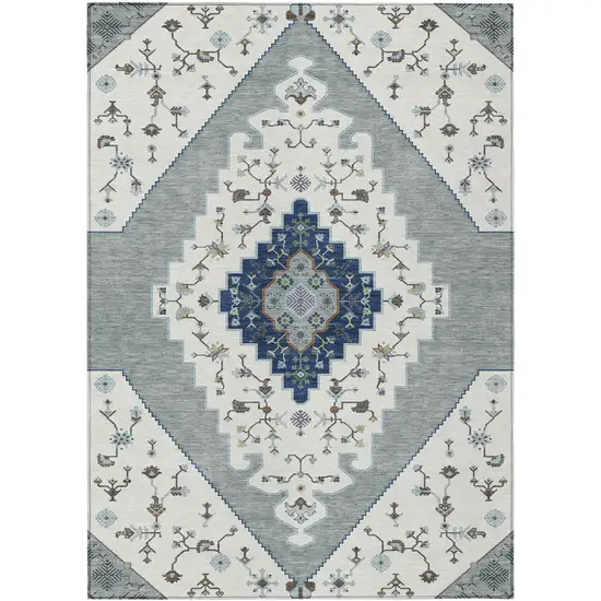 Ivory And Silver Geometric Washable Indoor Outdoor Area Rug Photo 1
