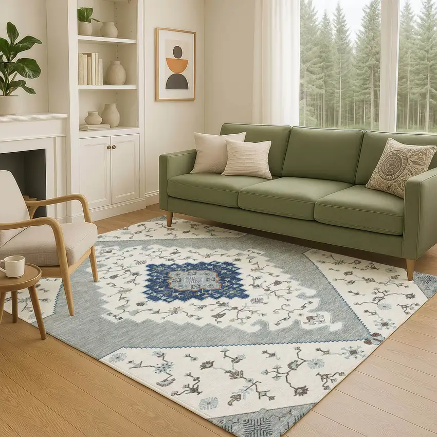 Ivory And Silver Geometric Washable Indoor Outdoor Area Rug Photo 5