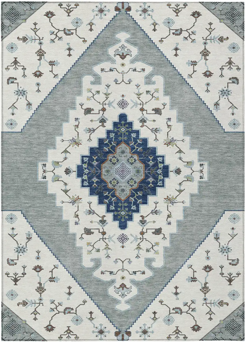 Ivory And Silver Geometric Washable Indoor Outdoor Area Rug Photo 1