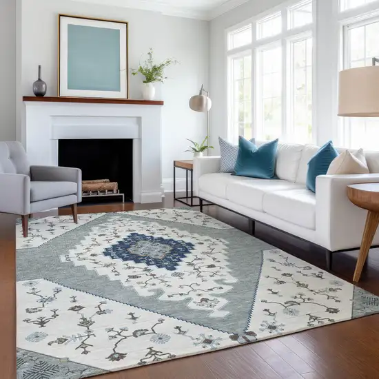 Ivory And Silver Geometric Washable Indoor Outdoor Area Rug Photo 6