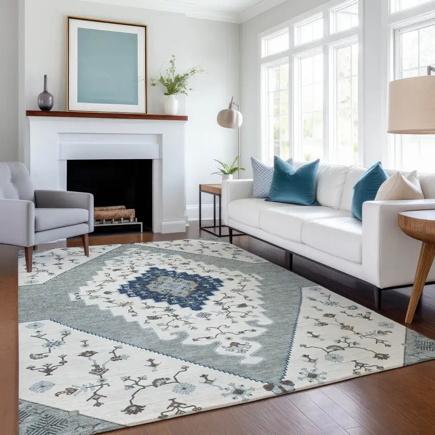 Ivory And Silver Geometric Washable Indoor Outdoor Area Rug Photo 6