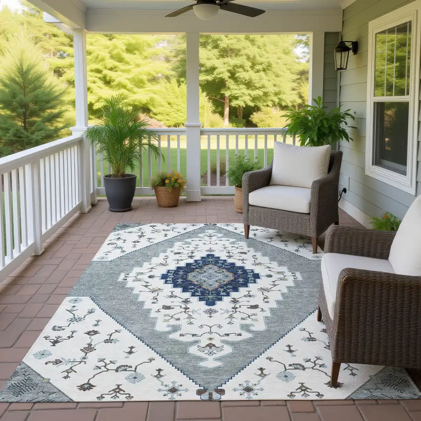 Ivory And Silver Geometric Washable Indoor Outdoor Area Rug Photo 4