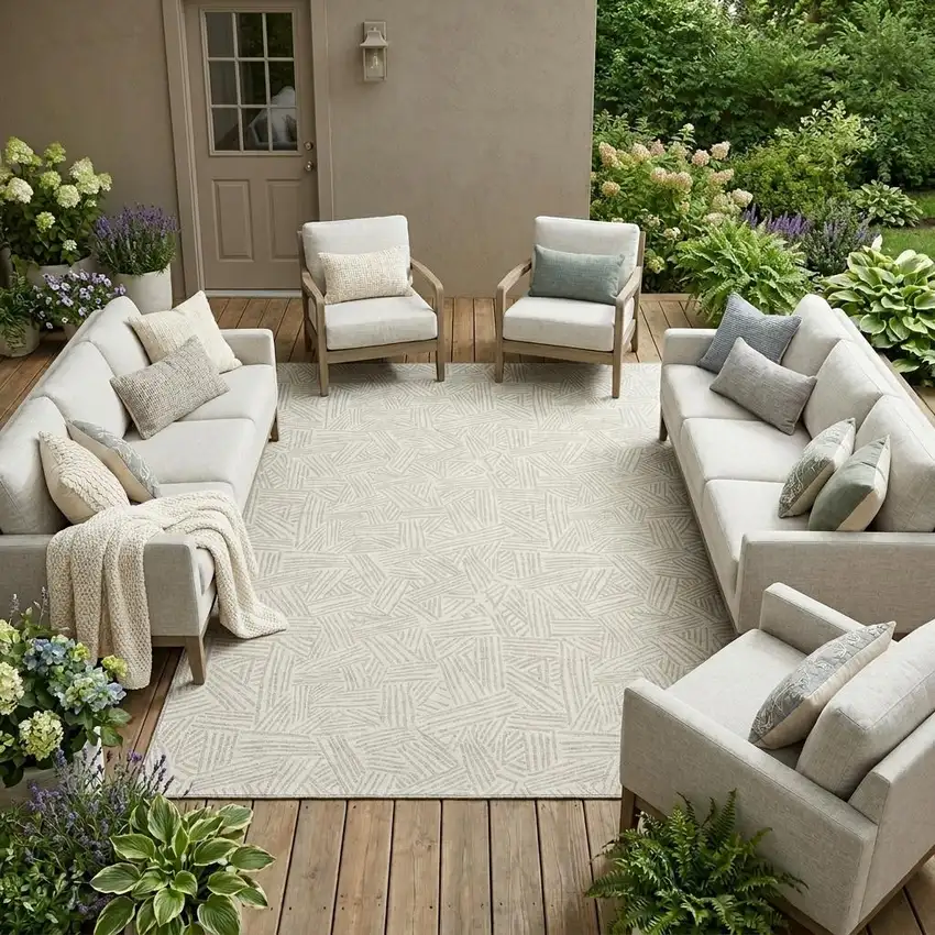Ivory And Silver Geometric Washable Indoor Outdoor Area Rug Photo 1