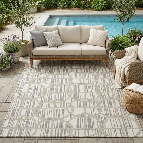 Ivory And Silver Geometric Washable Indoor Outdoor Area Rug Photo 1