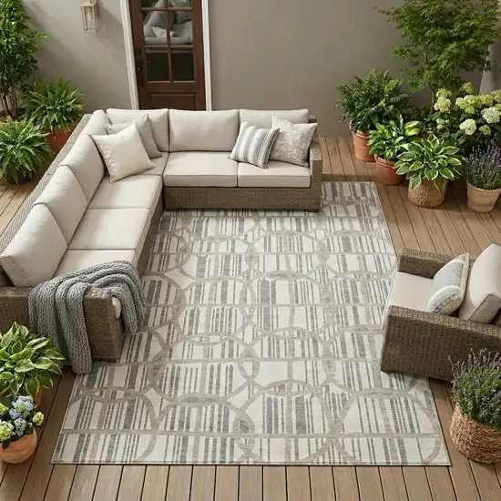 Ivory And Silver Geometric Washable Indoor Outdoor Area Rug Photo 1