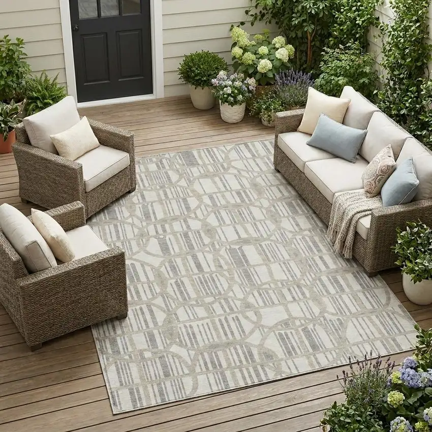 Ivory And Silver Geometric Washable Indoor Outdoor Area Rug Photo 1